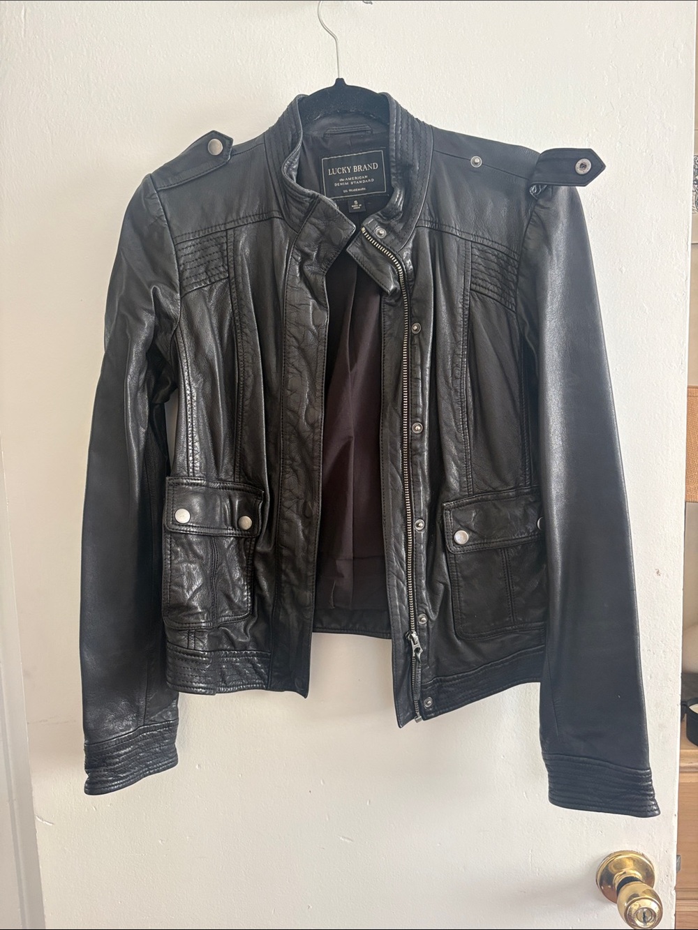 Lucky Brand Black Leather Motorcycle Jacket with Snap Details